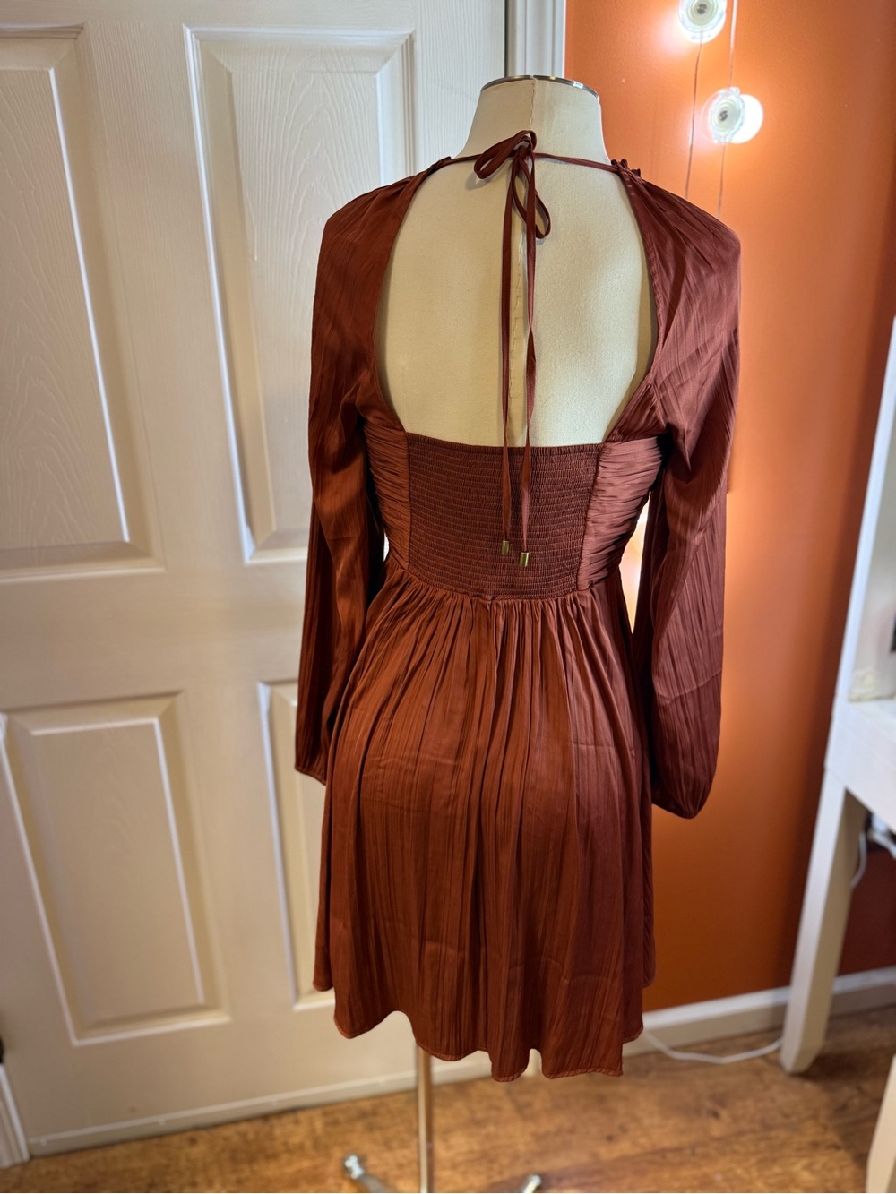Anthropologie Rust Long-Sleeve V-Neck Pleated Dress - Picture 4 of 5